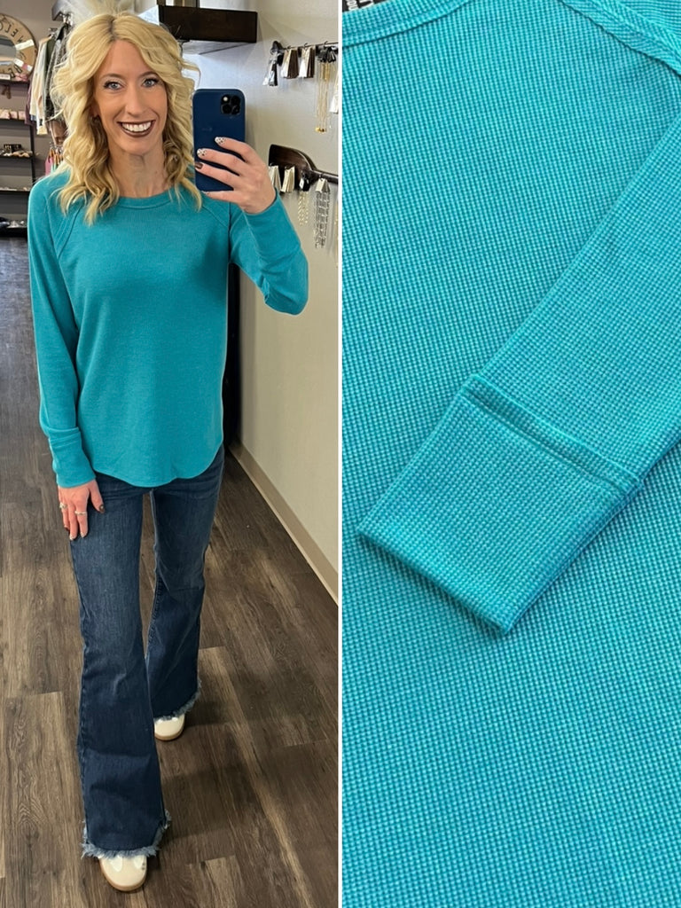 Sonya Long Sleeve Waffle Knit - Turquoise